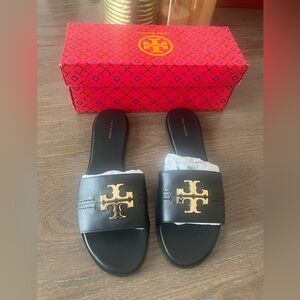 Tory Burch Black and Gold Logo Slide Sandals
